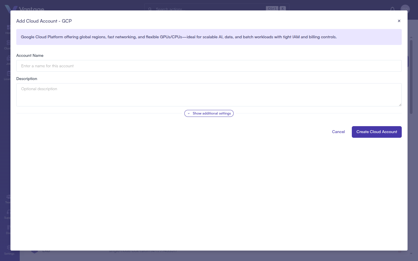 Cloud Account creation form